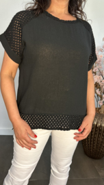 Linnenlook shirt met gehaakt kant Zwart