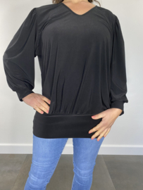 Shirt met brede elastische boord, v-hals en pofmouw travel zwart