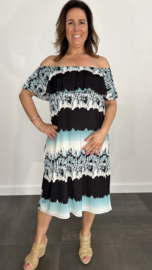 Korte jurk met volant streep turquoise
