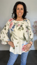 Blouse gebloemd met trompet mouw Zand