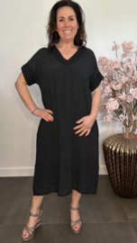 Linnenlook jurk met gehaakt kant Zwart