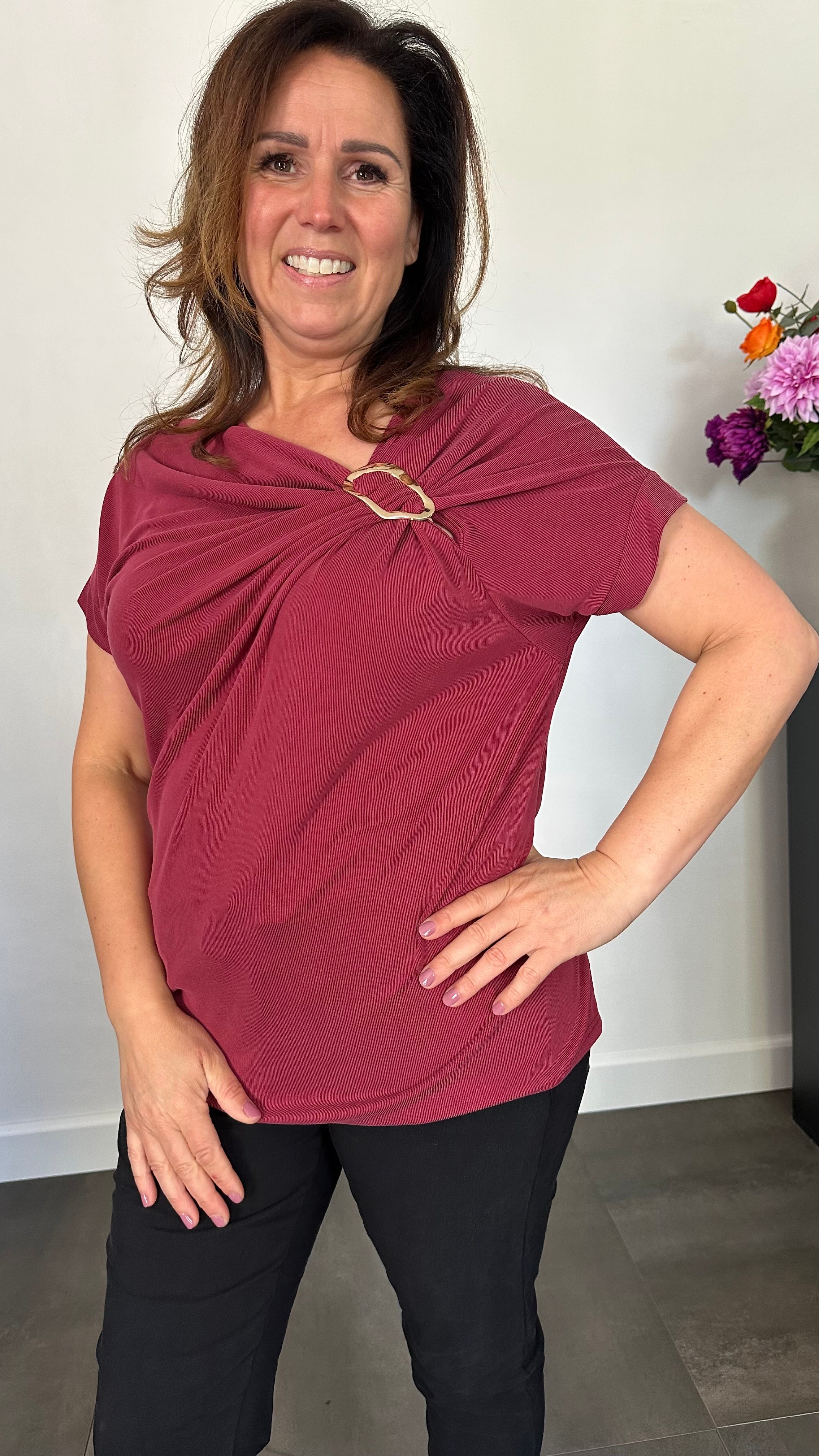 Ribbel shirt met gesp bordeaux