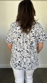 Ballon shirt met elastiek fantasy roos wit/blauw (+size)
