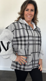 Geruit vest met gebreide mouw en capuchon grijs