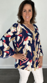 Shirt met flared mouw soft marble marine/zand