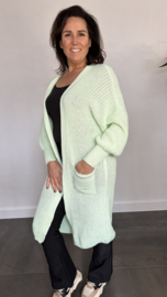 Lang grof gebreid vest met pofmouw licht groen