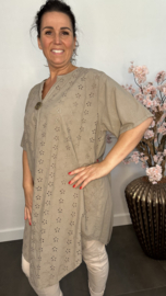 Broderie tuniek met knoop Taupe