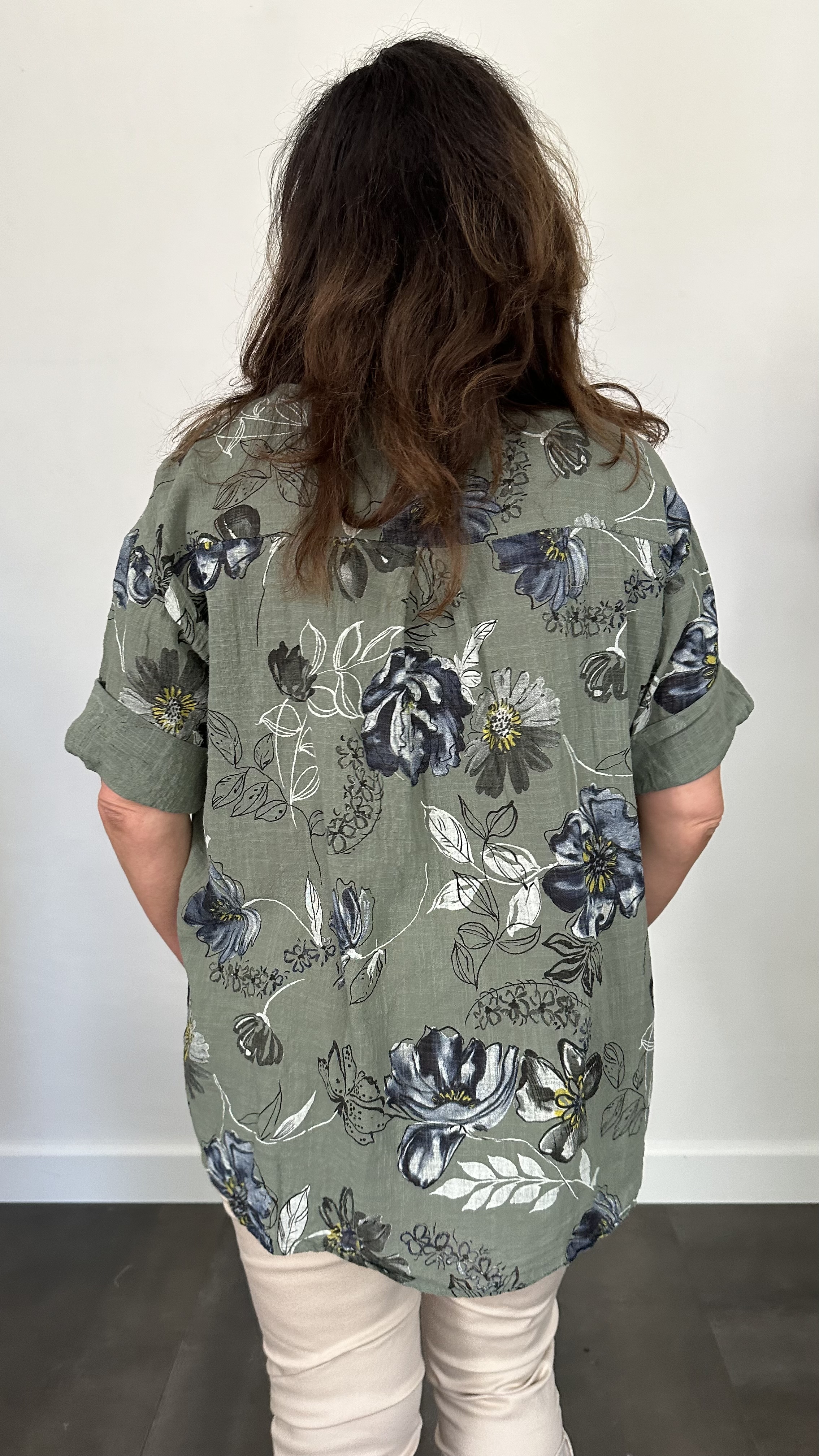 Linnenlook blouse gebloemd army