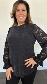 Blouse sparkle met kanten mouw zwart/ zilver SALE
