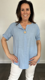 Linnenlook blouse met knoop ijsblauw