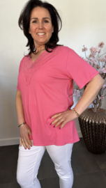 Ribbel shirt met kanten V-hals Fuchsia