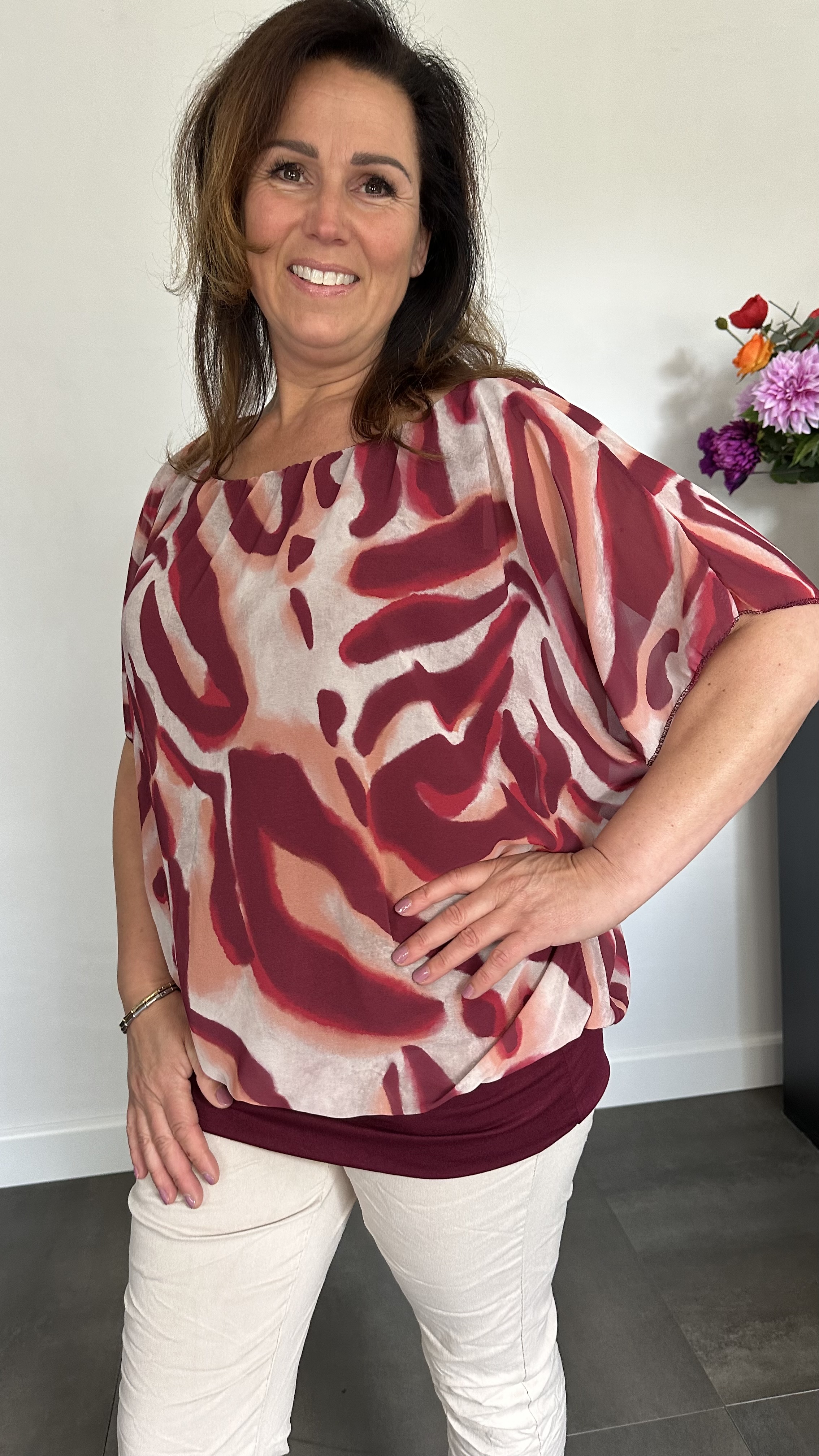 Blouse met boord lava wijnrood