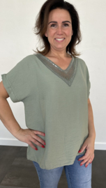 Shirt met glitter v-hals army
