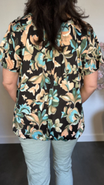 Ballon shirt met elastiek gebloemd turquise/ peach
