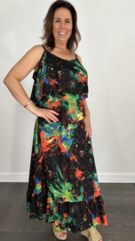 Lange jurk met volant paint zwart +SIZE