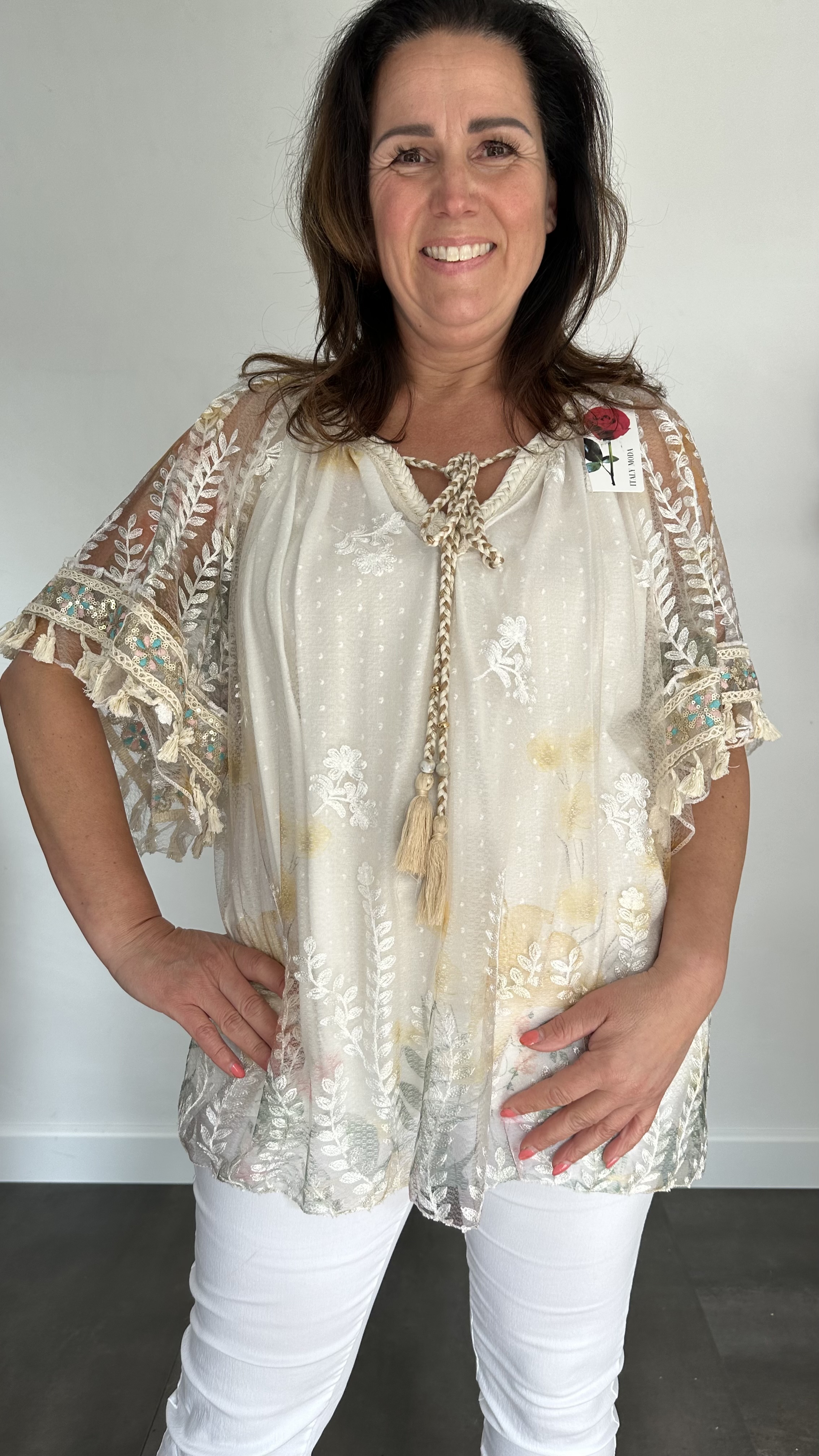 Tule blouse met bloemen print +SIZE geel
