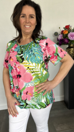 Ballon shirt met elastiek jungle flower pink (+size)