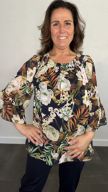 Blouse met gesmokte band palm roos marine/ ecru SALE
