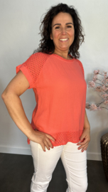 Linnenlook shirt met gehaakt kant Koraal