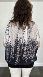 Blouse met boord ROZE bloesem tak wit/marine