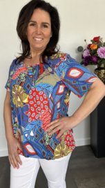 Ballon shirt met elastiek paisley leaves kobalt/rood (+size)