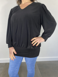 Shirt met brede elastische boord, v-hals en pofmouw travel zwart