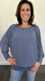 Blouse met boord lange mouw staalblauw +size