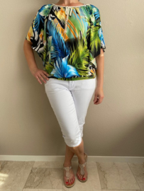 Top open schouder bloem blauw/groen SALE