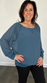 Blouse met boord lange mouw petrol