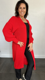 Lang grof gebreid vest met pofmouw rood
