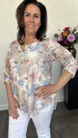 Kanten blouse gebloemd 2-delig zand