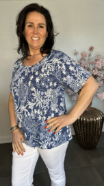 Ballon shirt met elastiek Barok bloemen jeans/wit