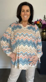 Soft shirt met v-hals en pofmouw Zig zag turquoise/camel