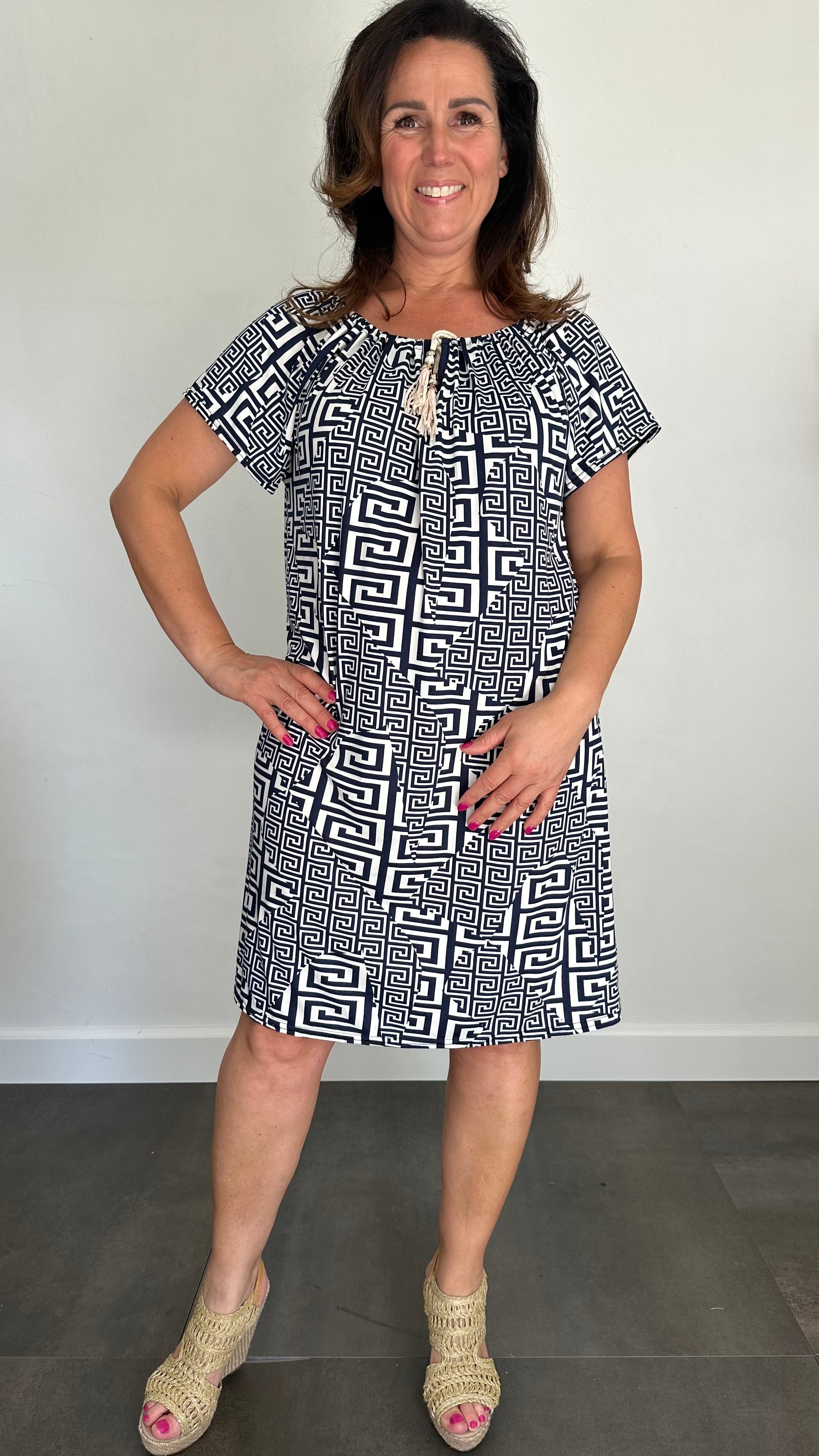 Jurk met koordje rome marine/ecru