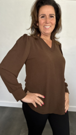 Crepe blouse met v-hals en pofmouw bruin