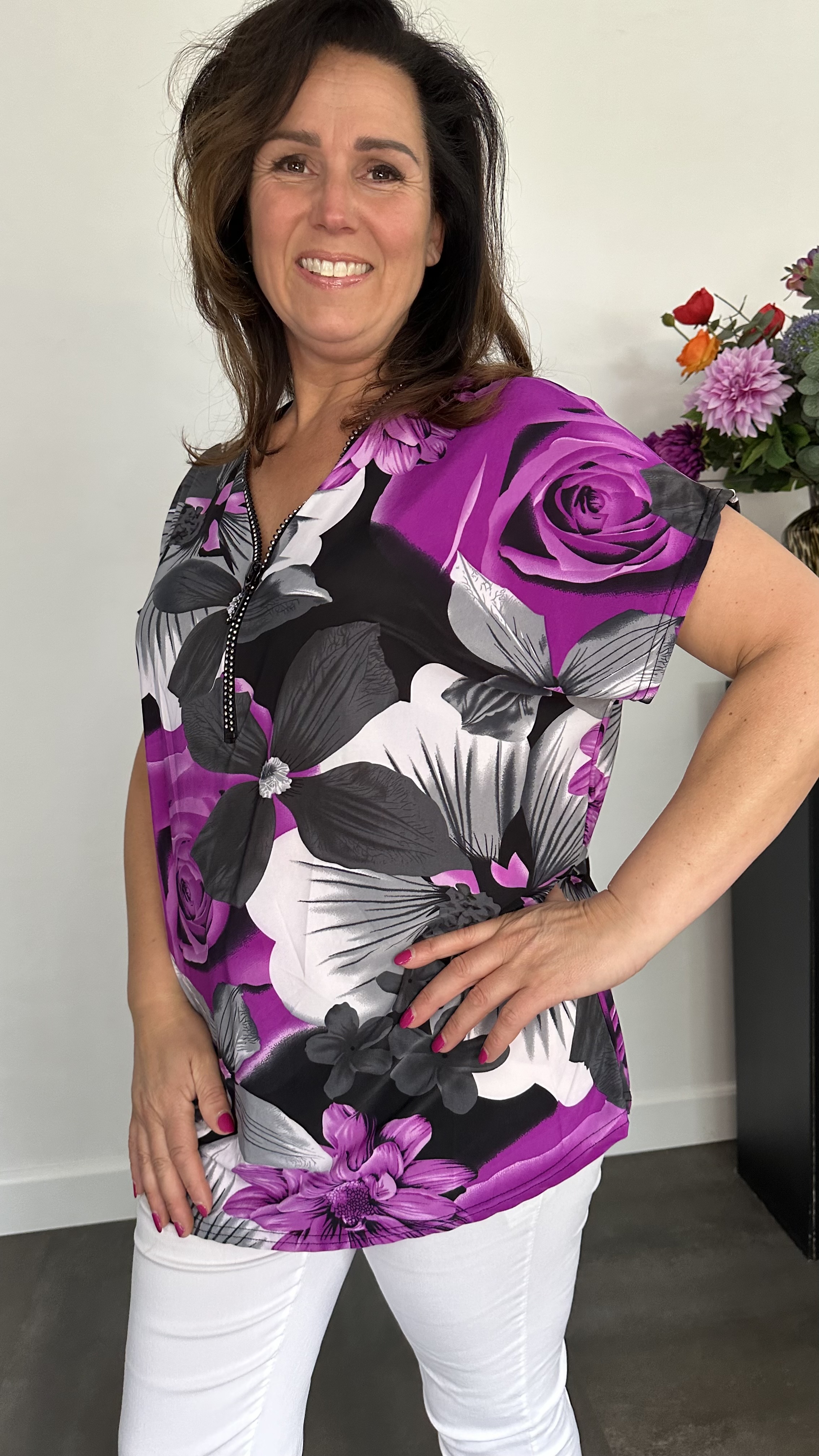 Shirt Zipp gebloemd magenta
