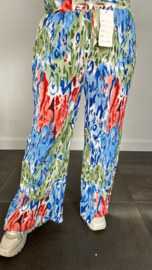 Plisse broek met wijde pijp coloured flames blauw SALE