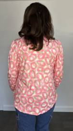 Soft shirt met v-hals en pofmouw cirkels pink