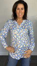 Soft shirt met v-hals en pofmouw cirkels ijsblauw
