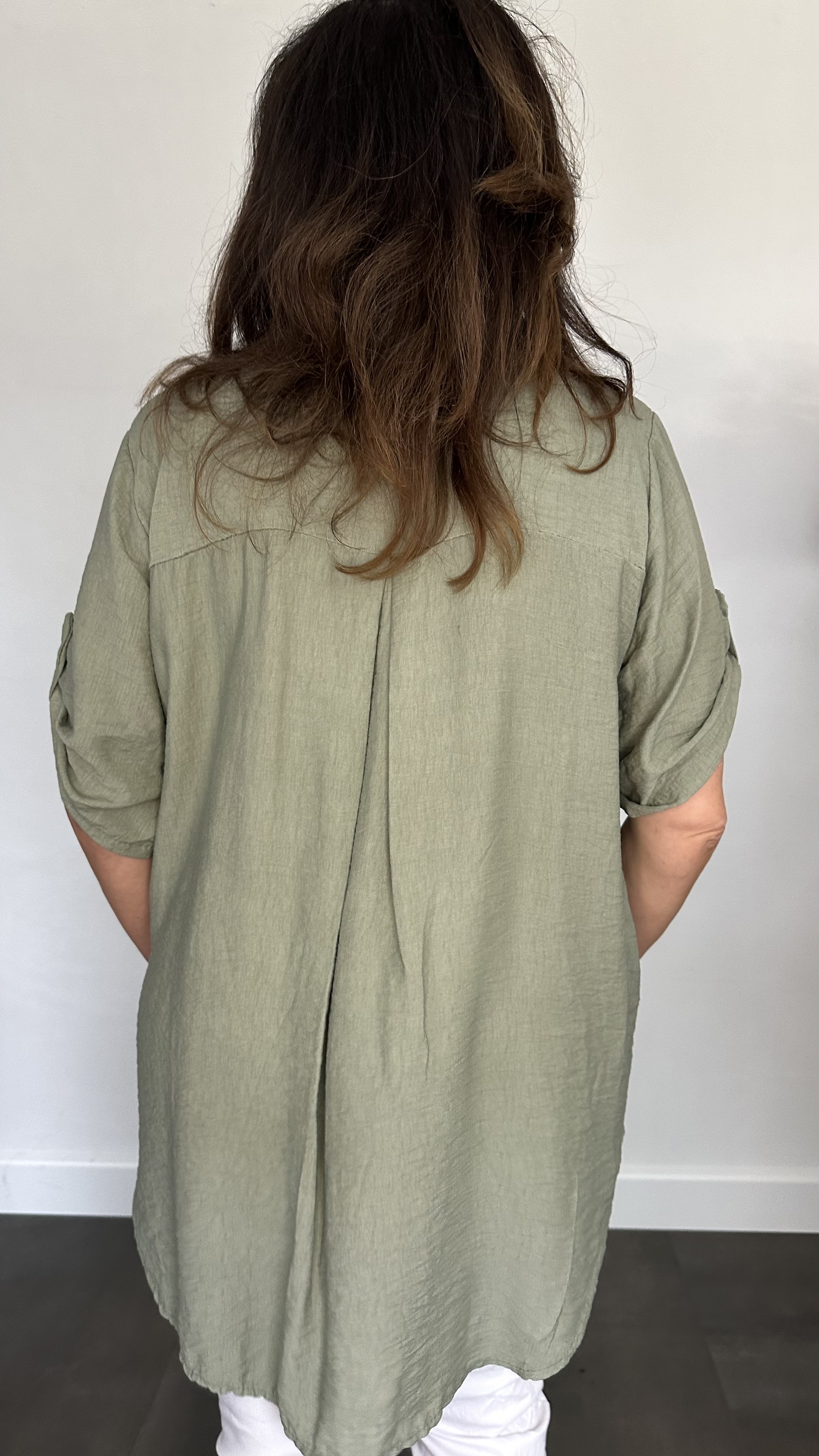 Linnenlook blouse met knoop Amanda army