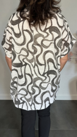 Linnenlook shirt Waves wit/ zwart