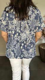 Ballon shirt met elastiek Barok bloemen jeans/wit