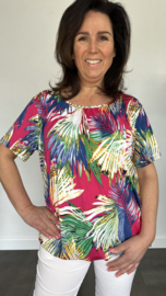 Ballon shirt met elastiek palm fuchsia (+size)