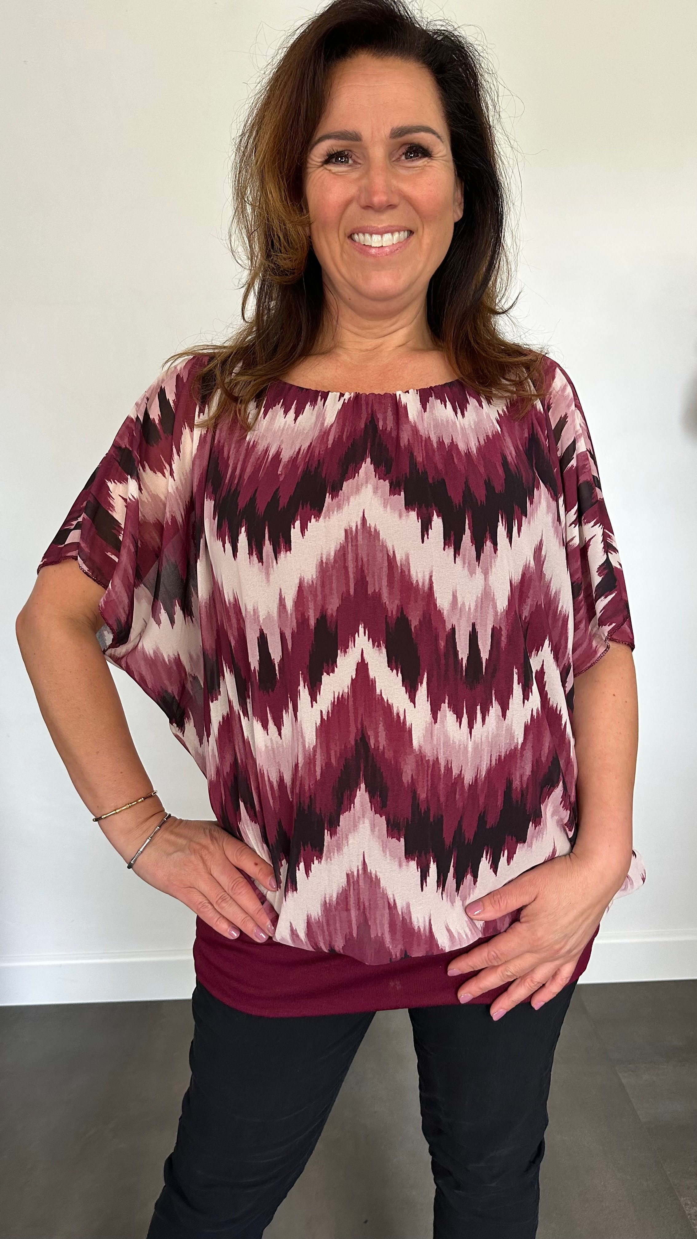 Blouse met boord zigzag wijnrood