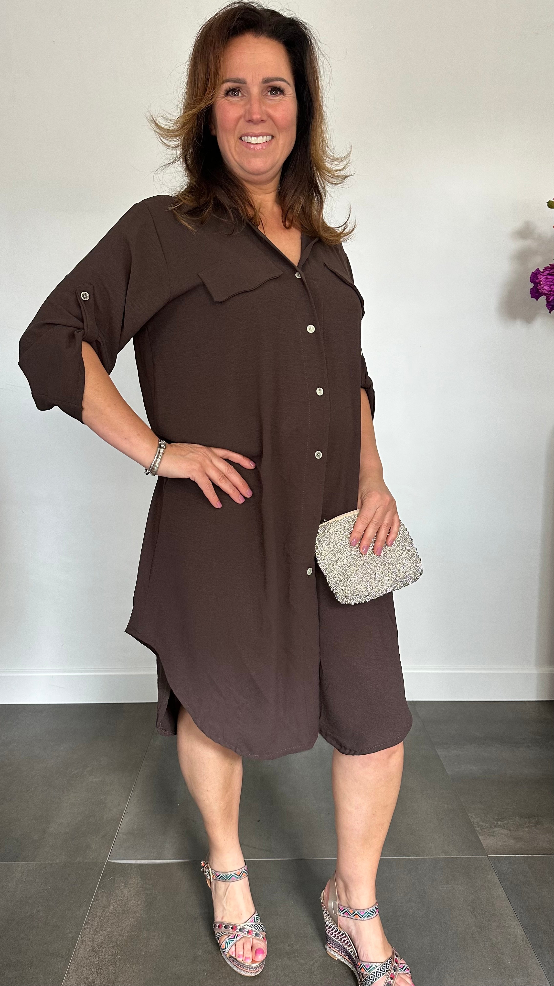 Blouse/ jurk crepe donker bruin