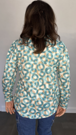 Soft shirt met v-hals en pofmouw cirkels turquoise