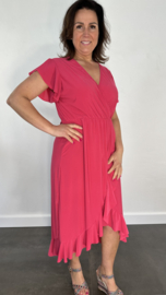 Stretch overslag jurk fuchsia SALE