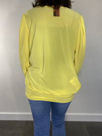 Shirt met brede elastische boord, v-hals en pofmouw travel geel