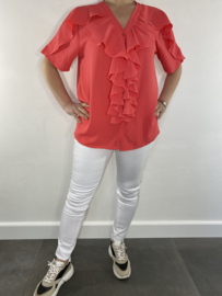 Blouse met ruche korte mouw koraal SALE 