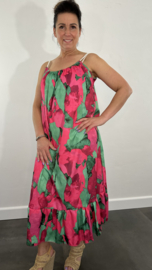 Lange jurk met gevlochten spaghettibandjes Global fuchsia/groen